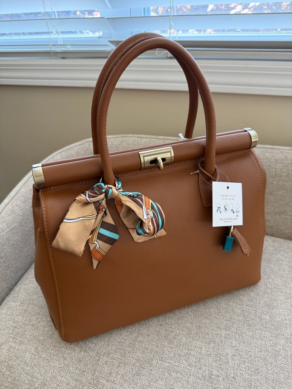 Anthropologie Cognac Brown Satchel with Striped Scarf and Teal Lock